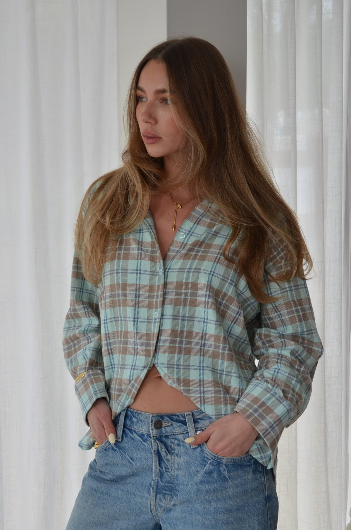 Oversized Checkered Shirt Turqouise