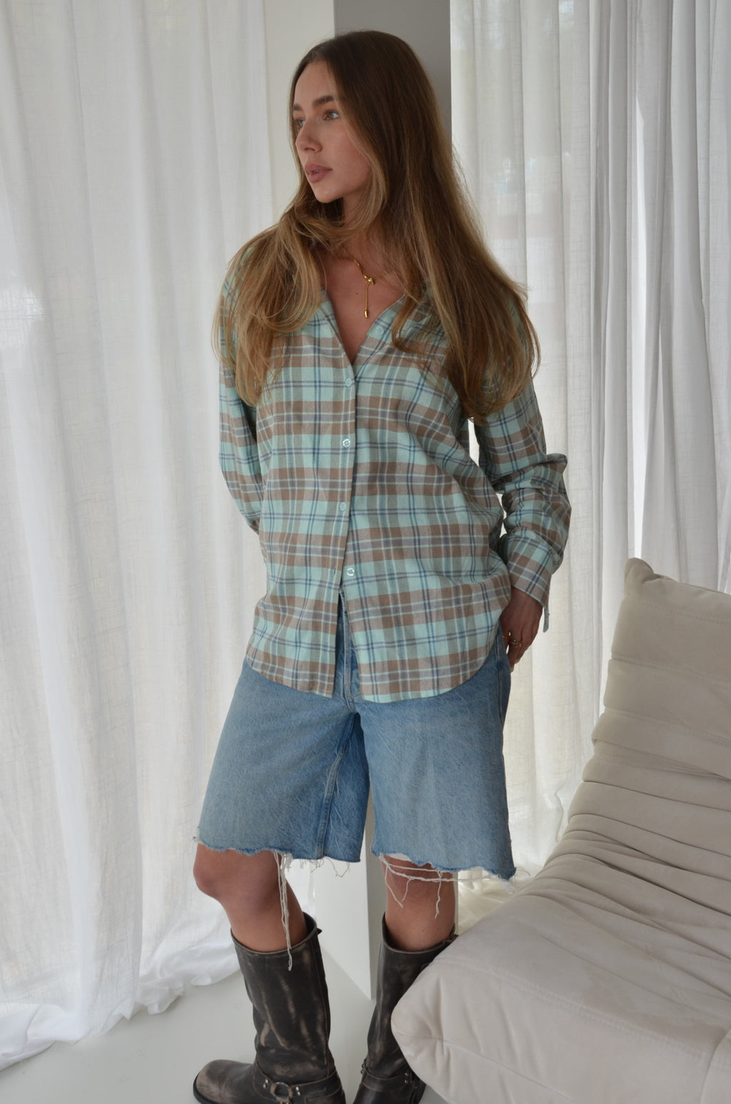 Oversized Checkered Shirt Turqouise
