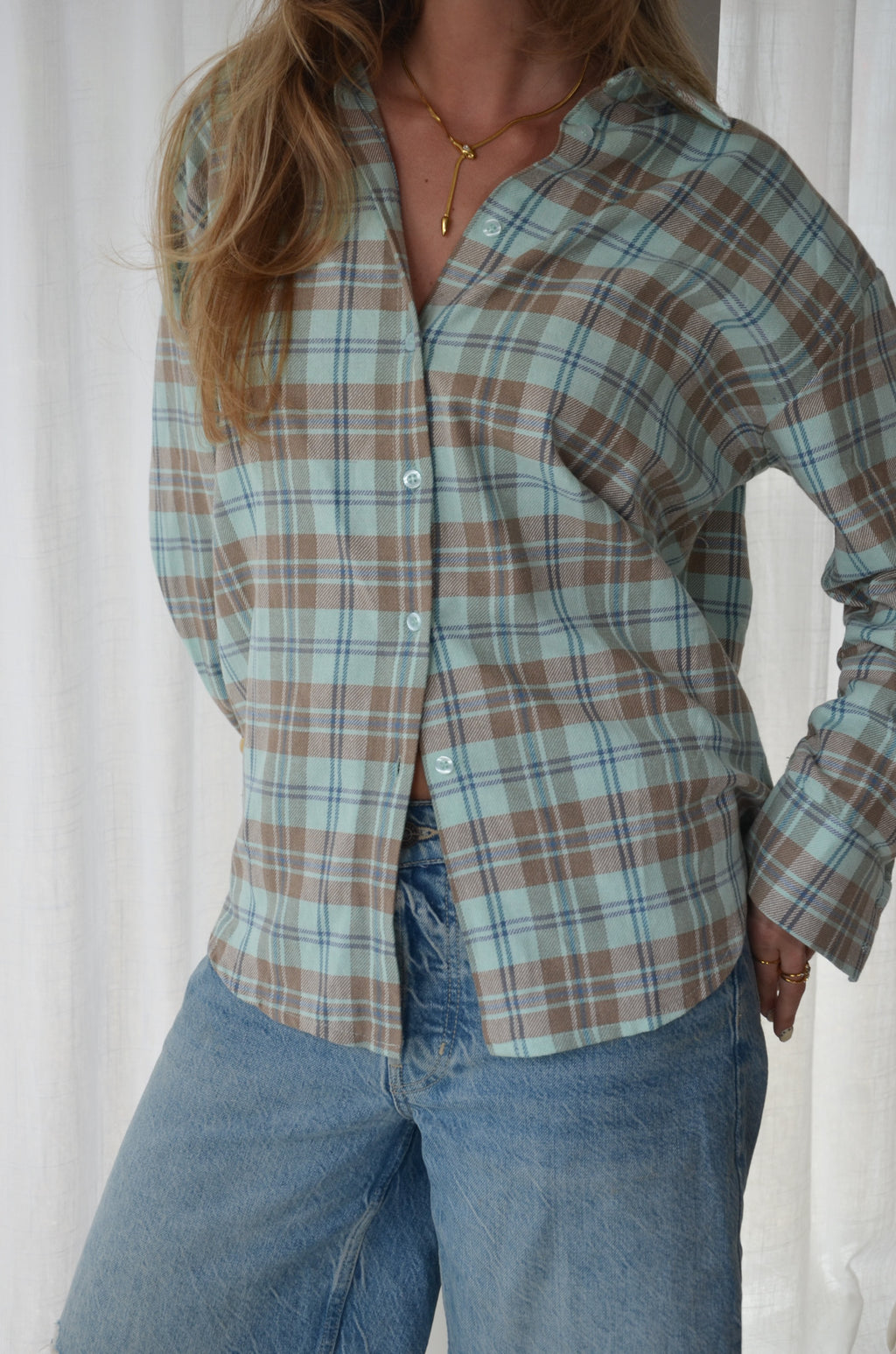 Oversized Checkered Shirt Turqouise