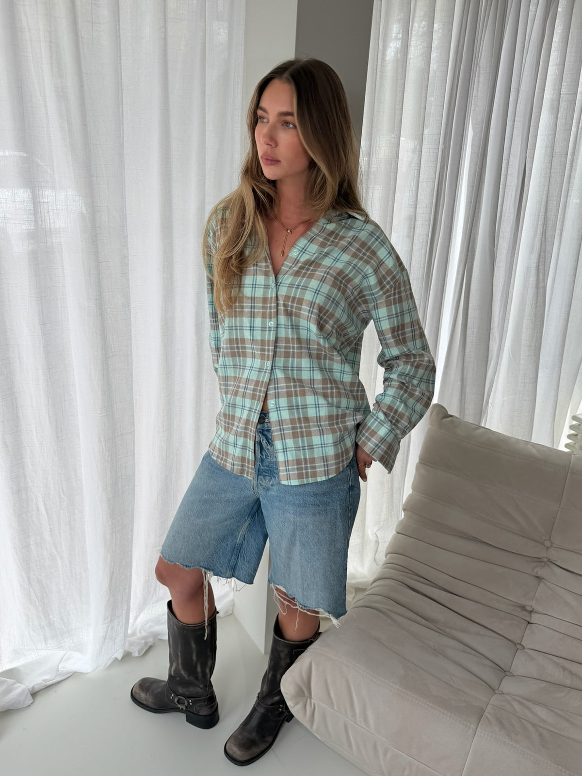 Oversized Checkered Shirt Turqouise