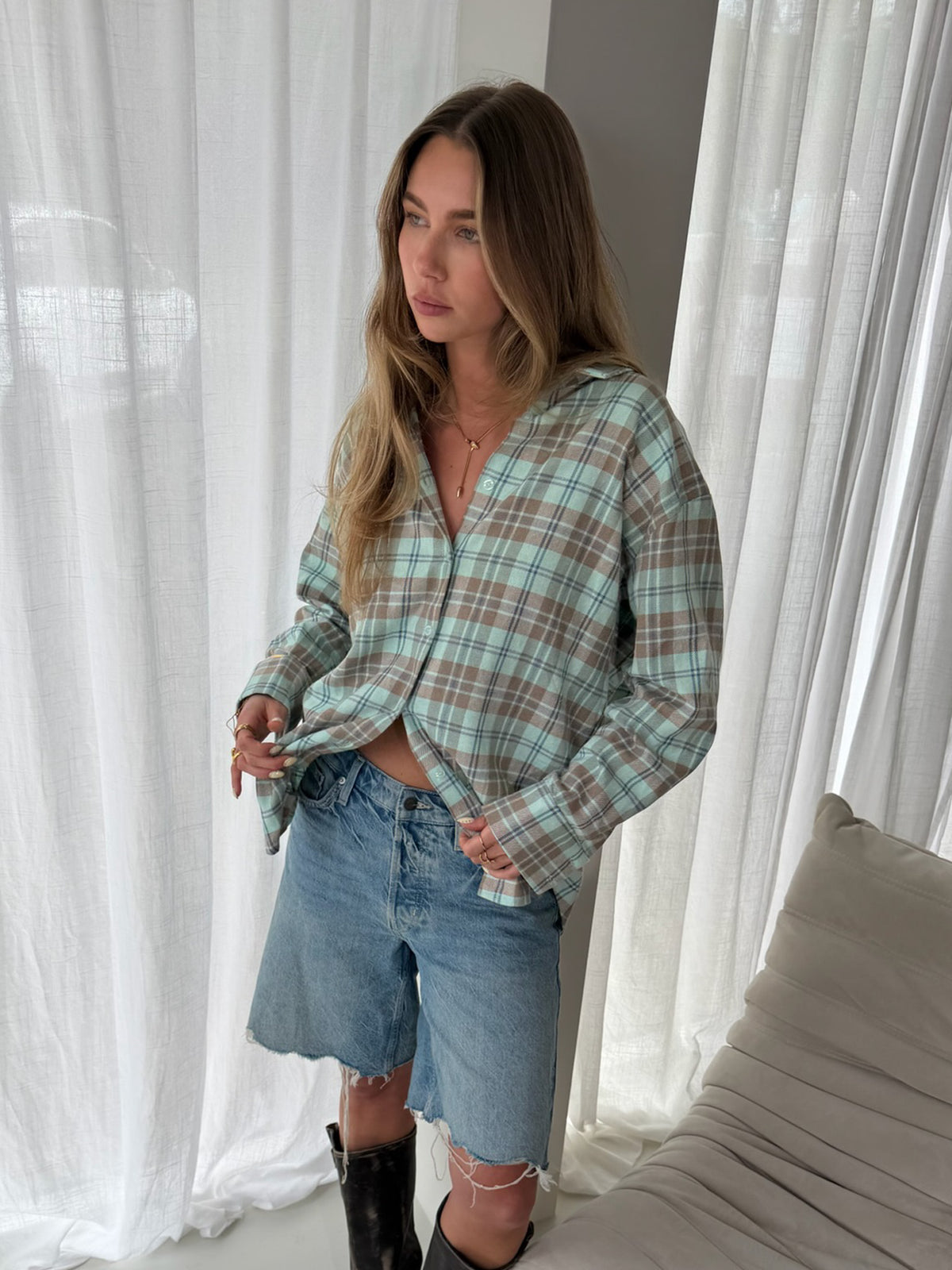 Oversized Checkered Shirt Turqouise